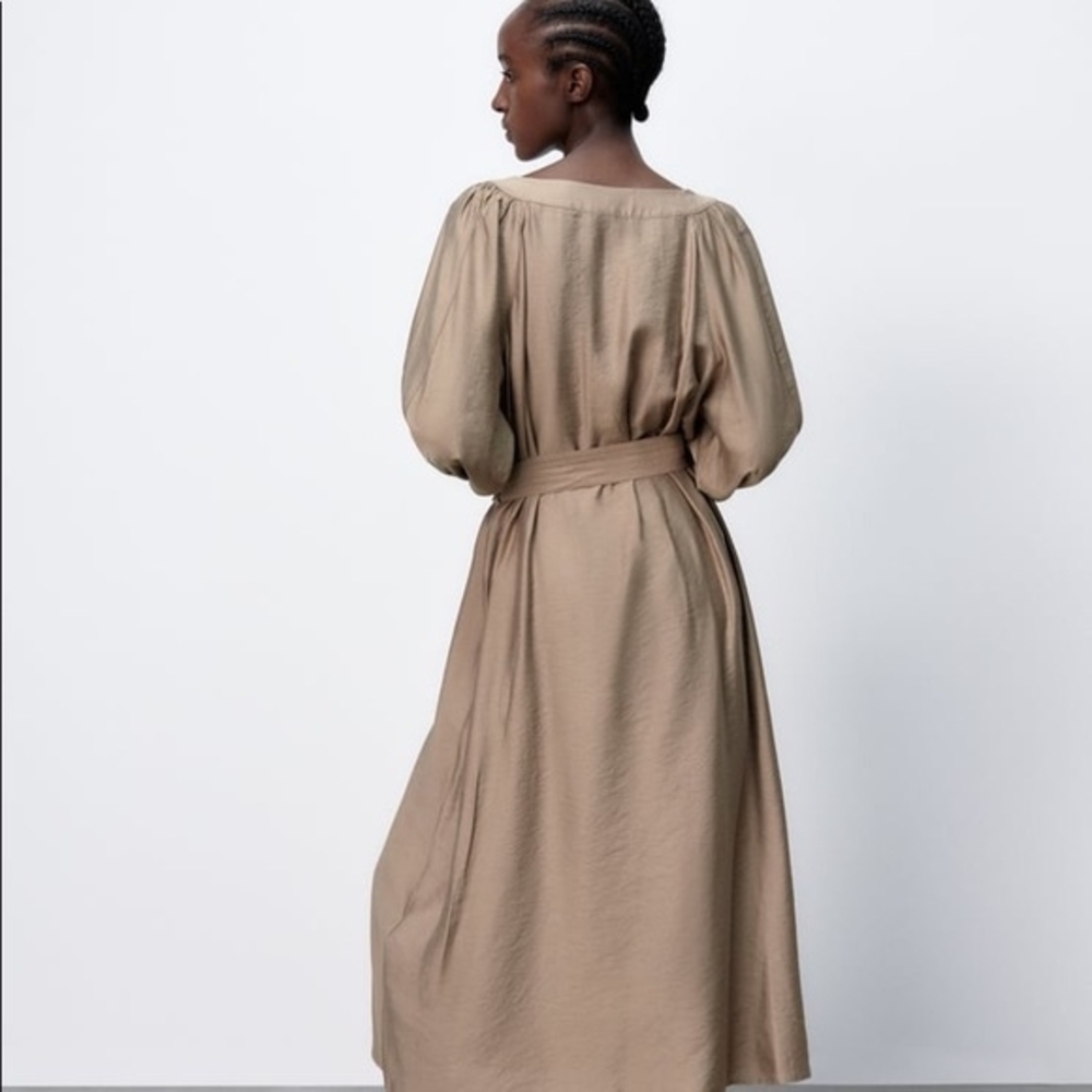 Zara NWT 🏷️ Khaki A-Line Dress With Belt Long Sleeves Room To Move XL - Picture 7 of 11